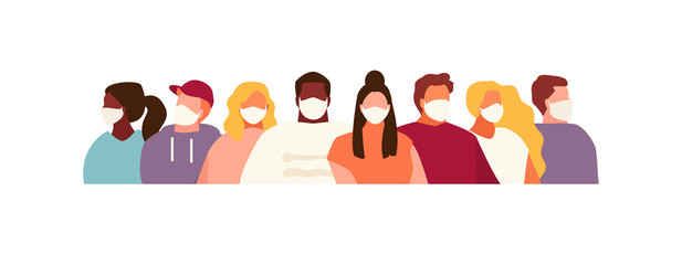 Multinational people in masks. Prevention of the virus and epidemic vector banner