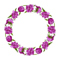 Fototapeta na wymiar Wreath with rose, leaves, lavender. Round flower frame. Floral motif border. Editable template for design. Vector
