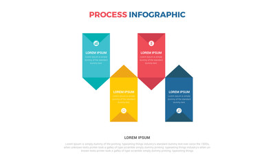 Concept of arrow business model with 4 successive steps. Colorful rectangular elements. Timeline design for brochure, presentation. Info-graphic design layout.