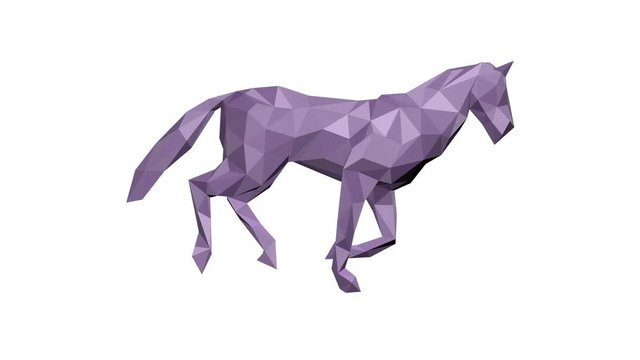 3d low poly lila paper horse running against white, seamless loop