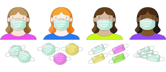 Masked women of different races, types of medical masks