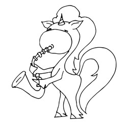 Coloring book for kids - unicorn with a saxophone. Black and white cute cartoon unicorns. Vector illustration.