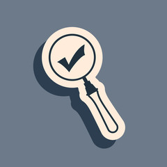 Black Magnifying glass and check mark icon isolated on grey background. Magnifying glass and approved, confirm, done, tick, completed symbol. Long shadow style. Vector Illustration