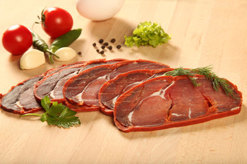 Turkish bacon, pastrami ( kayseri pastirma ) Fresh sliced pastrami