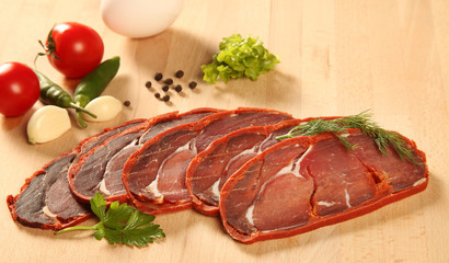 Turkish bacon, pastrami ( kayseri pastirma ) Fresh sliced pastrami