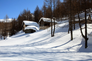 Devero Park ( Verbano-Cusio-Ossola ), Italy - January 15, 2017: Alpe Devero Park landscape, Ossola Valley, VCO, Piedmont, Italy