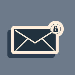 Black Email message lock password icon isolated on grey background. Envelope with padlock sign. Private mail and security, secure, protection, privacy symbol. Long shadow style. Vector Illustration