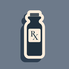 Black Pill bottle with Rx sign and pills icon isolated on grey background. Pharmacy design. Rx as a prescription symbol on drug medicine bottle. Long shadow style. Vector Illustration