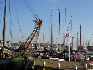 Fishing boats at the pier on the island, Marken village, Netherlands