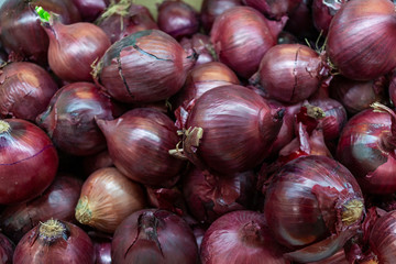 Purple Onions at the counter of a supermarket.