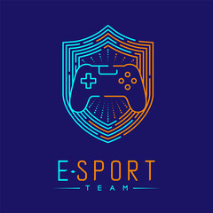 Esport logo icon outline stroke in shield frame, Joypad or Controller gaming gear with hand design illustration isolated on dark blue background with Esport Team text and copy space, vector eps 10 © paitoonpati