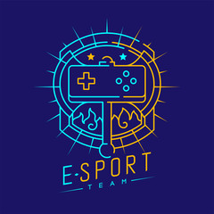 Esport logo icon outline stroke in shield radius frame, Joypad or Controller gaming gear with axe design illustration isolated on dark blue background with Esport Team text and copy space, vector eps