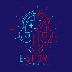 Esport streamer logo icon outline stroke, Joypad or Controller gaming gear with headphones, microphone and radius sword design isolated on blue background with Esport Team text and copy space, vector