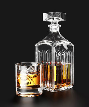 Bottle of whiskey and ice in glass on black background 3d