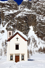 Devero Park ( Verbano-Cusio-Ossola ), Italy - January 15, 2017: The church in Crampiolo village at Alpe Devero Park, Ossola Valley, VCO, Piedmont, Italy