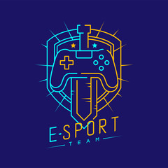 Esport logo icon outline stroke in shield radius frame, Joypad or Controller gaming gear with Sword design illustration isolated on dark blue background with Esport Team text and copy space vector eps - 332351118
