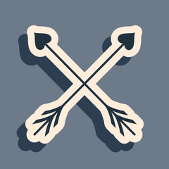 Black Crossed Cupid arrow heart, Valentines Day cards element icon isolated on grey background. Long shadow style. Vector Illustration