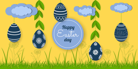 Happy Easter day greeting card. Сartoon vector illustration with eggs, grass and flowers. Background in origami style. Paper cut shapes banner. Design for papers, brochures, covers, booklets. Stock.