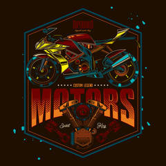 Original vector label in retro style. The fastest motorcycle. Superbike.