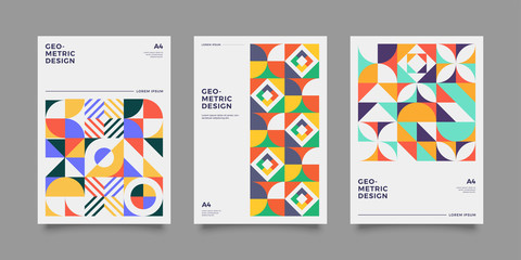 Set of abstract geometric minimal vector posters in neo-memphis/ bauhaus/ vaporwave style. Collection of retro futuristic covers for club party, music concert.