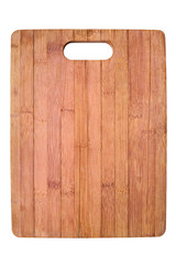 Blank wooden cutting board on white background isolated close up top view, one empty natural brown wood chopping board, kitchen utensil design, food cooking tool, copy space, studio shot