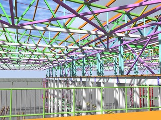 BIM-project of an industrial production frame of a building . 3D rendering. The structural model and drawings of the building were made by engineers. Structural engineering.