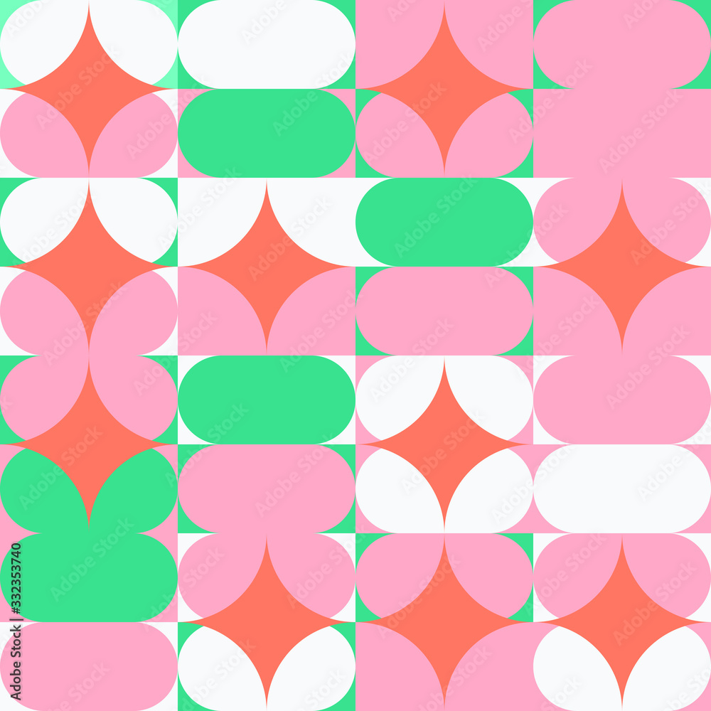 Poster Modern vector abstract seamless geometric pattern with semicircles, circles and squares in retro scandinavian style. Background for invitation, web banner, branding package, fabric print, wallpaper