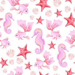 Goldfish, Red starfish, pink shells and Sea Horse. Seamless pattern with the image of fish. Imitation of watercolor. Isolated illustration.