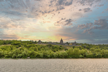 Medieval wooden Zaporozhian Sich buildings on Khortytsia island, Ukraine.