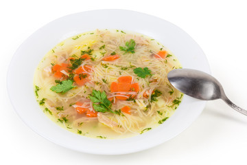 Chicken soup with thin short vermicelli in dish with spoon