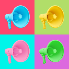 Colorful set of megaphones isolated on different bright backgrounds. Portable bullhorns. Pop art. Creative minimal design art. 3d illustration.