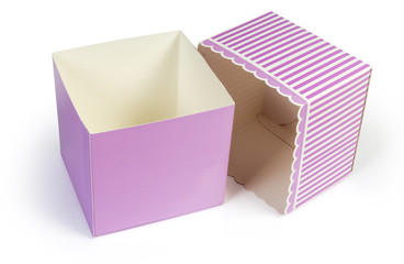 Empty pink rectangular cardboard gift box with open striped lid