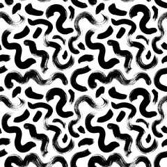 Black paint curved lines vector seamless pattern. Acrylic wavy lines with dry brush strokes texture.