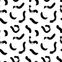 Fototapeta na wymiar Black paint freehand scribbles vector seamless pattern. Wavy lines and round shapes, dry brush stroke texture.