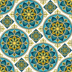 Gordijnen Parquet floor tile pattern vector seamless with ceramic print. Vintage mosaic motif texture. Lisbon majolica background for kitchen floor or bathroom floor wall. © irinelle