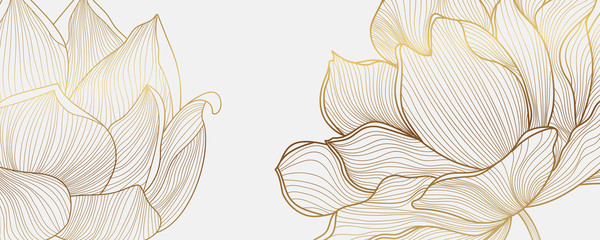 Luxuriöses Tapetendesign mit goldenem Lotus und natürlichem Hintergrund. Lotus Line Arts Design für Stoff, Drucke und Hintergrundtextur, Vektorillustration. © TWINS DESIGN STUDIO