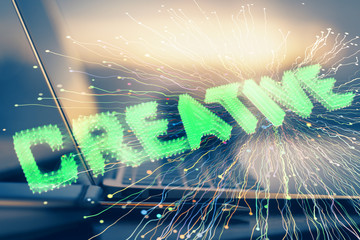 Desktop computer background in office and start up theme hologram drawing. Double exposure. Startup...