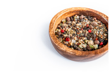 Spices in bowl. Mixed or various dried grains for food cooking. Culinary