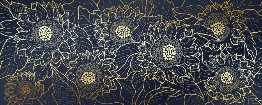 Sunflower line arts luxury wallpaper design for fabric, prints and background texture, Vector illustration.