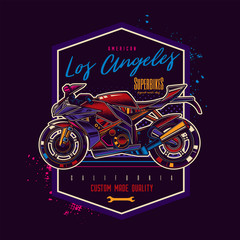 Obraz premium Original vector emblem in neon style. The fastest motorcycle. Superbike.