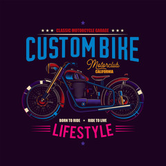 Original vector illustration in neon style. American motorcycle custom made. T-shirt design