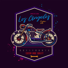 Original vector emblem in neon style. American motorcycle custom made.