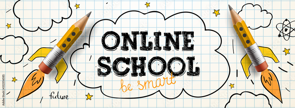 Wall mural online school. digital internet tutorials and courses, online education. vector banner template for 