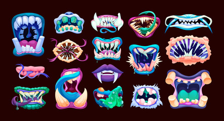 Terrible monster mouths. Scary lips teeth and tongue monsters. © Idey