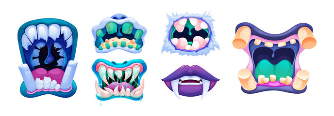 Terrible monster mouths. Scary lips teeth and tongue monsters. Monstrous mouths, emotions, facial expressions for Halloween cartoon vector illustration