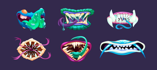 Terrible monster mouths. Scary lips teeth and tongue monsters. Monstrous mouths, emotions, facial expressions for Halloween cartoon vector illustration © Idey