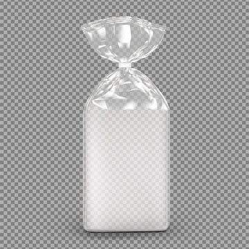 Bag package mockup. Transparent plastic bag with clip. Vector illustration on transparent background. Packaging template ready for your design, presentation, promo, adv. EPS10.