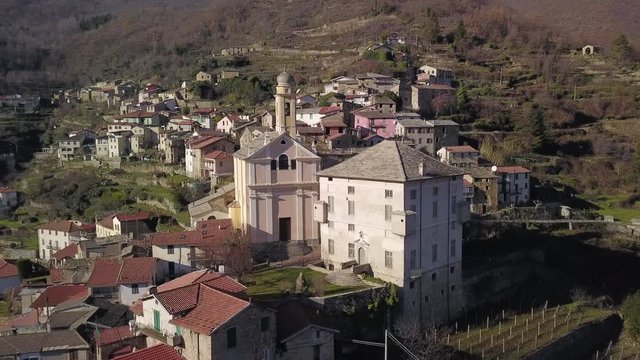 Rezzo, Imperia, Italy, is a small beautiful Italian village located a few miles southwest of Genoa. This clip is part of a series of drone shots.