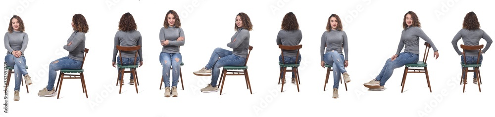 Wall mural collage of a woman sitting on a chair in white background, profile, front and back