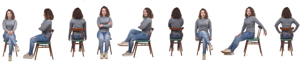 collage of a woman sitting on a chair in white background, profile, front and back